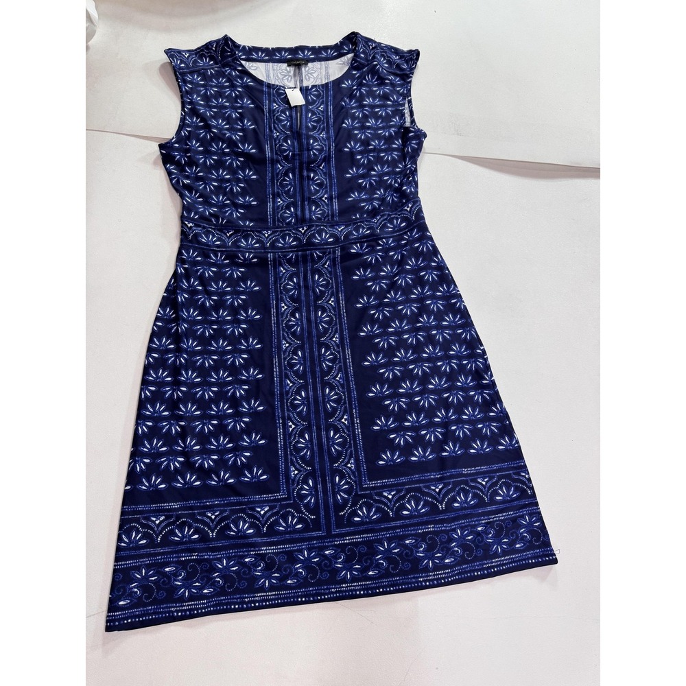 Talbots Dress Womens 10 Blue Floral Sleeveless Sheath Stretch Knit Work Office